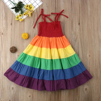 2018 Nuevo Verano Lindo Bebé Niño Bebé Vestido de las Niñas del arco iris de Rayas de Impresión de Volantes Vestido de Una Línea Vestido de Traje 2-7Y