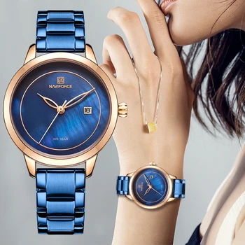 NAVIFORCE las Mujeres del Reloj de Acero Inoxidable reloj de Pulsera de Señora de la Moda de las Señoras Impermeable Relojes Simple Azul Chica Relogio del Reloj Feminino
