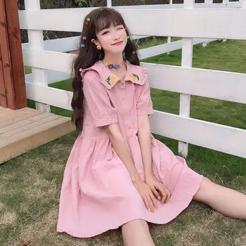 Vestido de las mujeres 2019 verano dulce Japonés pequeño fresco lindo fruto de bordado muñeca collar suelto de manga corta vestido de