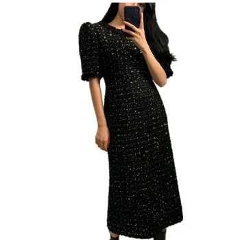 Vintage elegante o-cuello de seda brillante vestido de tweed de las mujeres de cintura alta delgada pequeña fragancia paquete de la cadera de una línea de vestido de