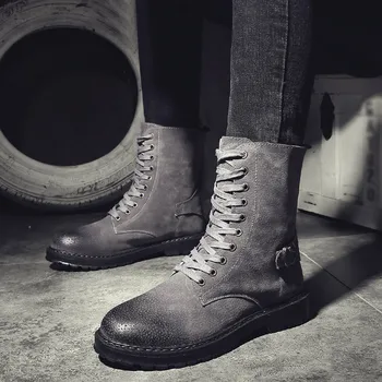 2019 casual para Hombre Retro Botas Planas de Tacón Bajo Utillaje Zapatos de Cabeza Redonda con cordones de Botas de botas militares #G3