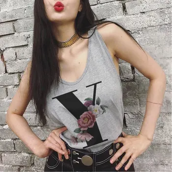 2020 Vogue grises Nuevos Tops de las Mujeres Camiseta de 26 Alfabeto inglés de Impresión Chaleco Casual Suelto O-cuello Sexy sin Mangas de la Mujer en la Camisola T-shirt
