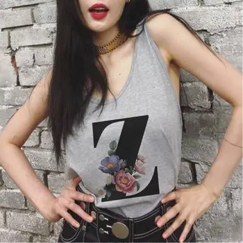 2020 Vogue grises Nuevos Tops de las Mujeres Camiseta de 26 Alfabeto inglés de Impresión Chaleco Casual Suelto O-cuello Sexy sin Mangas de la Mujer en la Camisola T-shirt
