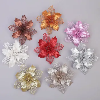 6pcs Brillo Artificial de Navidad, Flores de Alegre Decoración del Árbol de Navidad Adornos de Navidad de Parte de los Suministros de Falsos Flores en la Cabeza