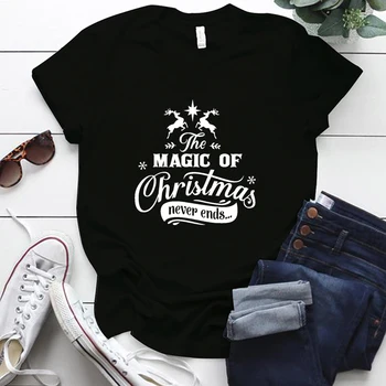 La MAGIA DE la Navidad no Termina Nunca la Impresión de Vacaciones de la Mujer Camisetas Ropa de Verano Tops Más el Tamaño de Algodón Harajuku Camisas para Damas