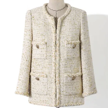Primavera, otoño, pequeño fragancia twed chaqueta de las mujeres del o-cuello suelto solo pecho blanco traje de chaqueta