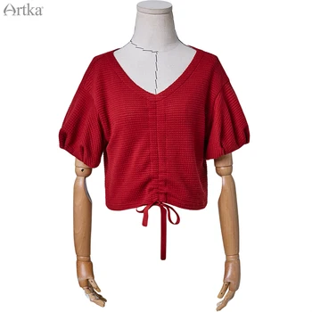 ARTKA 2020 Verano de las Nuevas Mujeres T-shirt Vintage V-Cuello Puff Manga Rojo Tops Cordón Crop Top Suelto camisetas de las Mujeres SA25203X