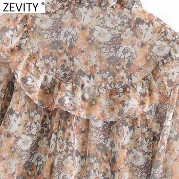 Zevity Mujer Dulce Agaric de Encaje O de Cuello de Volantes Casual Camiseta de la Blusa de las Señoras de la Oficina Puff Manga de Impresión de Camisetas Chic Blusas Tops LS7435