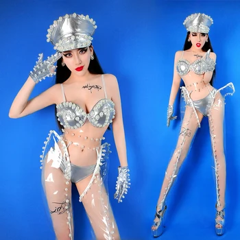 Sexy Discoteca Cantantes Femeninas de la Etapa de Desgaste Traje de Plata de la Perla de Bikini de Jazz Rave Traje de GOGO Líder de Baile Vestido de Drag Queen 3850