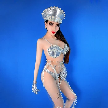Sexy Discoteca Cantantes Femeninas de la Etapa de Desgaste Traje de Plata de la Perla de Bikini de Jazz Rave Traje de GOGO Líder de Baile Vestido de Drag Queen 3850