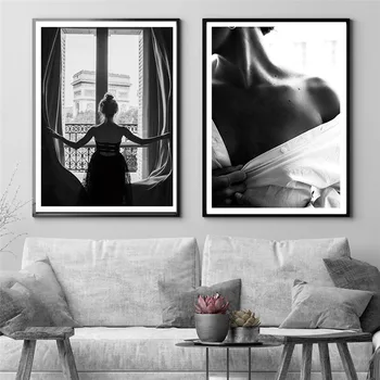 En Blanco y negro Sexy Ventana Chica Nórdica Lienzo de Pintura de la Moda Mujer Hermosa Carteles de Arte de Pared con Fotos de la Sala de estar sin enmarcar