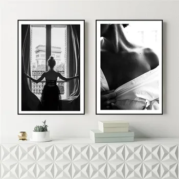 En Blanco y negro Sexy Ventana Chica Nórdica Lienzo de Pintura de la Moda Mujer Hermosa Carteles de Arte de Pared con Fotos de la Sala de estar sin enmarcar