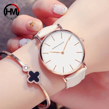 Hannah Martin De Cuarzo Reloj De Señoras Casual Blanco De Cuero Mujer Relojes Impermeables Relojes Femme 2018 Moda Reloj De Las Mujeres