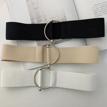 Cinturones para Mujer Negro Simple de la Cintura Elástica de las Señoras de la Banda de Hebilla Redonda de la Decoración de la Capa del Suéter de la Moda Vestido de Arroz Blanco