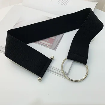 Cinturones para Mujer Negro Simple de la Cintura Elástica de las Señoras de la Banda de Hebilla Redonda de la Decoración de la Capa del Suéter de la Moda Vestido de Arroz Blanco