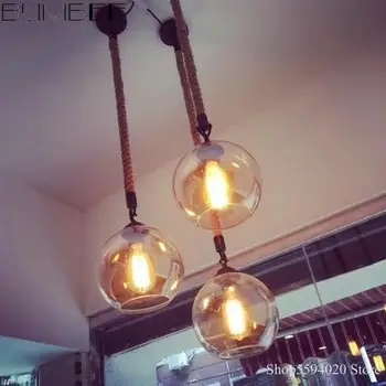 Vintage Clásico de la Lámpara Colgante de Ámbar Retro Cuerda de Cáñamo de Cristal Colgante de la Luz LED de la Lámpara Colgante de la Luminaria Suspendido Brillo Led Moderno
