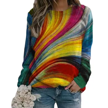 5XL de Gran Tamaño Tops 2021 Primavera de Mujeres arco iris Gradiente de Impresión de Paisley Camiseta de Manga Larga del O-Cuello Suelto Casual Tops de las Señoras de la Ropa