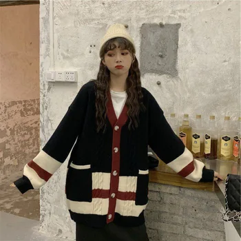 2020 nuevo giro de costura de manga larga suéter chaqueta de mujer de primavera y otoño de la universidad de estilo coreano flojo suéter cardigan chaqueta