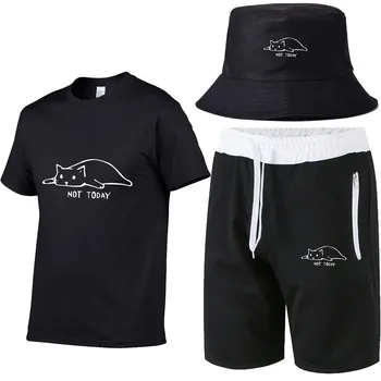 Kawaii Gato Hombres No Hoy Gracioso Gráfico de verano unisex de algodón T-shirt + breve hombres + pesca sombrero de camiseta de los hombres de la pieza 3