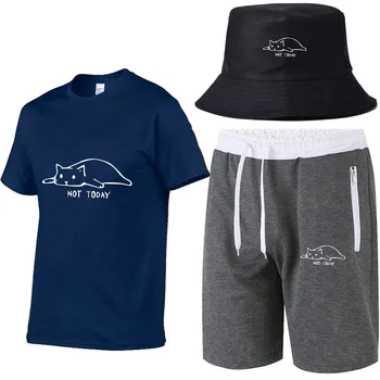 Kawaii Gato Hombres No Hoy Gracioso Gráfico de verano unisex de algodón T-shirt + breve hombres + pesca sombrero de camiseta de los hombres de la pieza 3