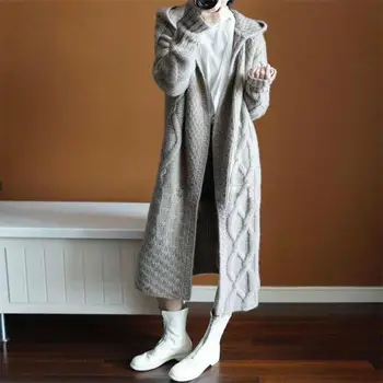 La temporada otoño-Invierno con Capucha Larga de punto Abrigo de las Mujeres de la Moda de Lana mezcla Gruesa Cazadora Suéter Abrigo largo Mujer coreana de ropa de Abrigo