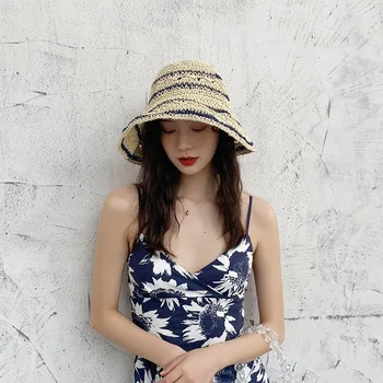 Plegable tejido a mano retro sombrero de mujer de primavera y verano sombrero de paja de vacaciones a la playa sombrero grande de ala pequeña fresco sombrero para el sol
