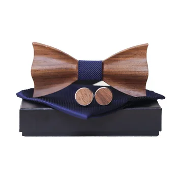 Arco de madera de Corbata Pañuelo Gemelos Conjunto de los Hombres Plaid Pajarita de Madera Hueco tallado corte de diseño con Caja de Regalo de Moda de la Novedad de la corbata