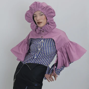[EAM] Púrpura Vendaje Perlas 3D Flor se Encoge de hombros Ajuste Flojo V-Cuello de Manga Larga de las Mujeres Abrigo de la Moda Nueva Marea de Primavera Otoño 2021 1DD2407