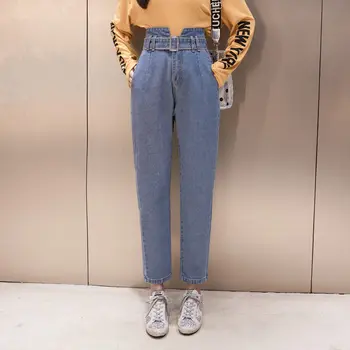 2019 Mujeres Jeans Casual Cintura Alta Pantalones Lápiz Pantalones Para Damas Grils Longitud De Tobillo Estilo Coreano De Color Azul