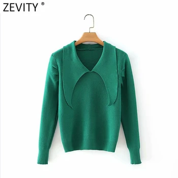 Zevity 2021 Mujeres De La Moda Collar De Vuelta Sólido Tejido De Punto Suéter De Mujer Elegante Pliegues Puff Manga Casual Slim 