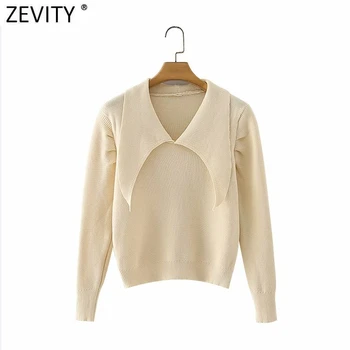 Zevity 2021 Mujeres De La Moda Collar De Vuelta Sólido Tejido De Punto Suéter De Mujer Elegante Pliegues Puff Manga Casual Slim 