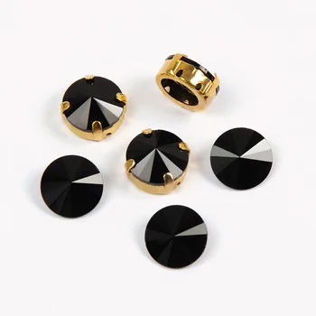 Ronda de rivoli negro Metalizado Cristal de coser diamantes de imitación de la hebra de Oro de la base con agujero de bricolaje ropa accesorios de la Joyería
