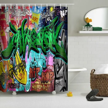 LB 180*180cm Fresco Hip Hop Graffiti Cortinas de Baño Cortina de Ducha de Poliéster Impermeable de Tela para el cuarto de Baño Decoración para el Hogar con 12Hooks