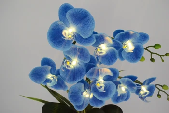 La Decoración del hogar Azul de 9 LEDs Phalaenopsis Bote Lámpara de 50cm de flores artificiales toque real de la Orquídea de látex de Bonsai de la Lámpara para la Decoración de la Boda
