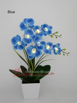 La Decoración del hogar Azul de 9 LEDs Phalaenopsis Bote Lámpara de 50cm de flores artificiales toque real de la Orquídea de látex de Bonsai de la Lámpara para la Decoración de la Boda