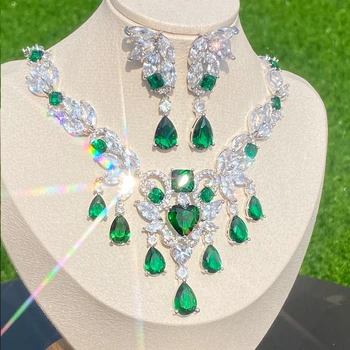 Nigeria Novia de Circón de 2 piezas de Collar de las Mujeres de la Joyería Conjunto, Dubai, Nigeria Verde de Cristal de la CZ Collar, Joyería de la Boda Establece