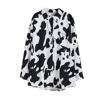 En blanco y negro de manga larga blusa de mujer de diseño de sentido nicho de la solapa de otoño nuevo coreano flojo vaca patrón femenino de la chaqueta de la camisa de fuego
