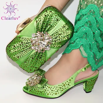 El Color verde de las Señoras Zapatos italianos y Bolsa Decorada con diamantes de imitación de la Mujer italiana de Zapatos y Bolsos Conjunto Decorado con Piedra