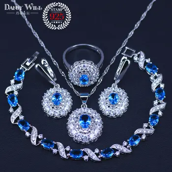 Nuevo Estilo, el Azul del Cielo Piedras Blancas Circón de las Mujeres de plata de color de Conjuntos de Joyas Aretes/Colgante/Collar/Anillos/Pulseras Para Nupcial Conjunto