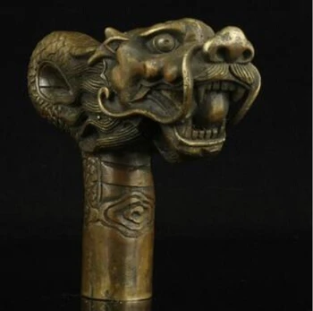 SCY 1115+++Cobre Puro Latón Abuelo de la Buena Suerte en China Antiguo Trabajo hecho a mano Tallado en Bronce de la Estatua del Dragón de la Caña de Cabeza de Bastón