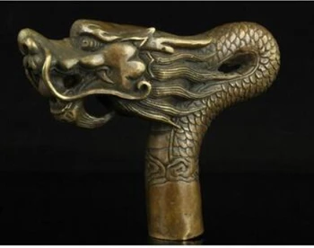 SCY 1115+++Cobre Puro Latón Abuelo de la Buena Suerte en China Antiguo Trabajo hecho a mano Tallado en Bronce de la Estatua del Dragón de la Caña de Cabeza de Bastón