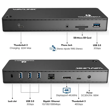 Wavlink Thunderbolt 3 de la Estación de Acoplamiento 4K@60Hz DisplayPort USB 3.0 85W de carga Gigabit Ethernet para MacBook pro Intel Certificado