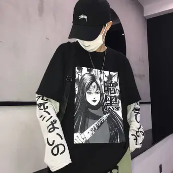 Harajuku de la Camiseta de la Ropa de Hip Hop camisetas de las Mujeres de los Hombres de Otoño Amina Camiseta Divertida de Manga Larga Suelta la Camiseta de Japón de dibujos animados camiseta