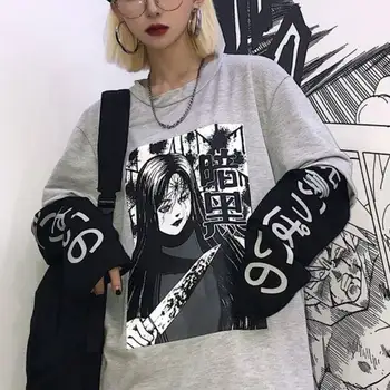 Harajuku de la Camiseta de la Ropa de Hip Hop camisetas de las Mujeres de los Hombres de Otoño Amina Camiseta Divertida de Manga Larga Suelta la Camiseta de Japón de dibujos animados camiseta