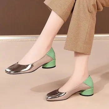 ALLBITEFO cómodo genuine leather gruesos tacones de la oficina de las señoras zapatos de mujer de tacón alto de los zapatos de otoño de las mujeres tacones de los zapatos de las niñas