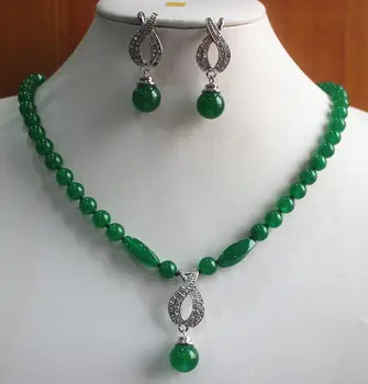 La moda Verde 8mm/Jades Plateado Cuelgan Arete Colgante de Collar de la Joyería Conjunto