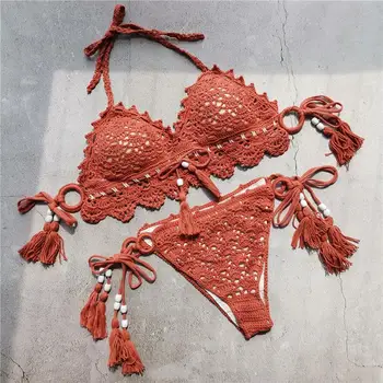 TEELYNN Sexy Bikinis de Ganchillo de 2 piezas de conjunto de las Mujeres Trajes de Baño trajes de baño Traje de baño de la Playa de boho Verano de Punto de color Naranja de Alta Calidad