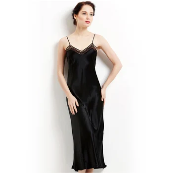 Real de Seda Largos Camisones Mujeres Maxi Vestido Blanco de Seda Negra Sleepdress de Encaje de cuello V Elegante ropa de Dormir de 2020