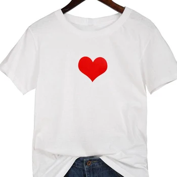 Lucyever Puro Algodón De Las Mujeres Camiseta Blanca De Verano De Manga Corta De Impresión Corazón Plus Tamaño Señoras Camisetas Causal Suelto Harajuku O Cuello Tops