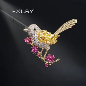 FXLRY de Cristal Elegante Animales Broches micro incrustaciones de circón Hermosas Aves Broche de la Rama de la Flor de Ropa Mujer Decorativos Pin